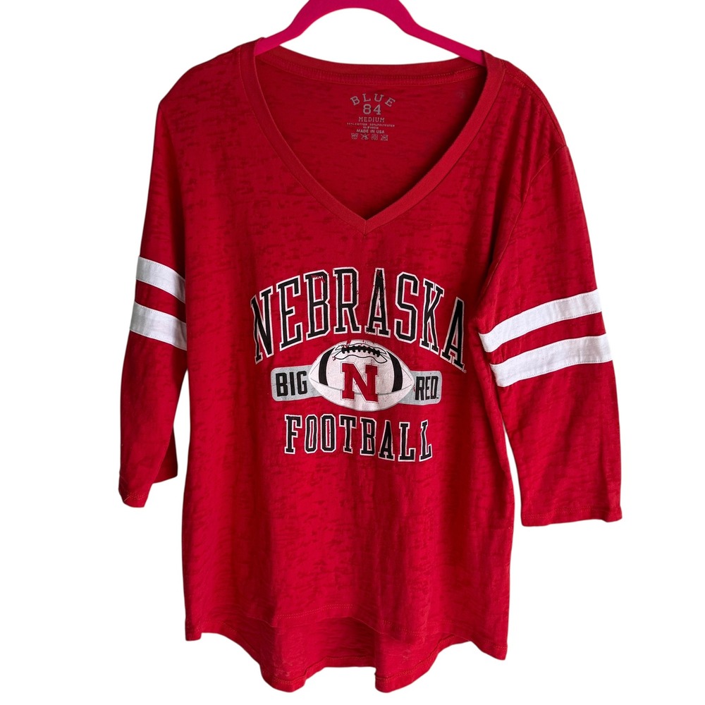 BLUE 84 Nebraska CorhHuskers Football 3/4 Sleeve‎ Ladies Hi-Lo V-Neck Shirt, M